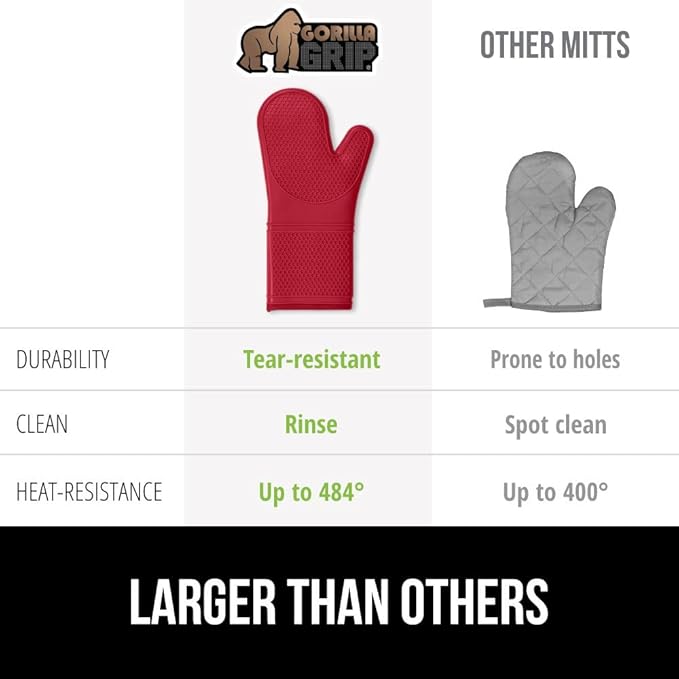GORILLA GRIP BPA-Free Soft Silicone Oven Mitts, Heat Resistant and Waterproof Cooking Gloves, Thick Cotton Lining, Flexible Gripping for Baking Grilling, Kitchen Potholders Set of 2, 12.5x8.3, Red