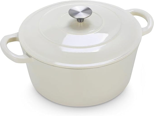 LIFERUN 6 Qt Enameled Cast Iron Dutch Oven Pot with Lid，Oven Safe up to 500° F, Heavy-Duty Non-Stick Dutch Oven with Dual Handles for Bread Baking, Fry Foods, Braising, Stews, Roasting (White)