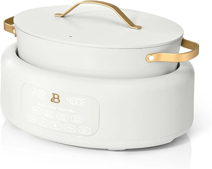 Beautiful 10-in-1 Electric Multi-Cooker by Drew Barrymore, 6-quart, digital display, 10 cooking functions, non-stick pot, easy one-touch control (White Icing)