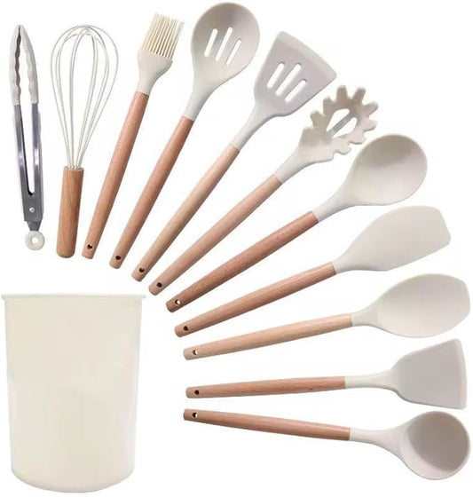 Silicone Kitchen Utensil Set - 11 pcs Heat Resistant Non-Stick Cooking Tools with Wooden Handles