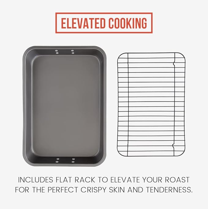 Chef Pomodoro Nonstick Carbon Steel Large Roasting Pan with Rack, Turkey Roasting Pans for Oven, Roaster Pan with Flat Rack, Turkey Pan for Oven, Bakeware Grey