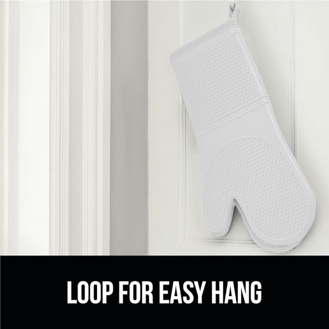 GORILLA GRIP BPA-Free Soft Silicone Oven Mitts, 14.5x8.3, Heat Resistant and Waterproof Cooking Gloves, Thick Cotton Lining, Flexible Gripping for Baking Grilling, Kitchen Potholders Set of 2, White