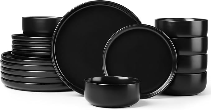 Herogo 18 Pieces Stoneware Dinnerware Set Service for 6, Dinner Plates and Bowls Sets, Double Reactive Glaze Dishes Set for Kitchen, Scratch Resistant, Microwave & Dishwasher Safe, Matte Black