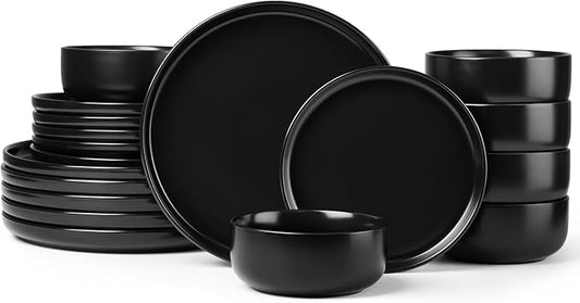 Herogo 18 Pieces Stoneware Dinnerware Set Service for 6, Dinner Plates and Bowls Sets, Double Reactive Glaze Dishes Set for Kitchen, Scratch Resistant, Microwave & Dishwasher Safe, Matte Black