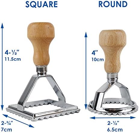 Ravioli Maker Cutter Stamps Set Round & Square Shape Ravioli Masker - Large Size Aluminum Press with Wooden Handle and Fluted Edge, Set of 2