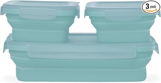 Drip EZ Secondz Collapsible Food Storage Containers (set of 3) - Meal Prep, Leftovers, Lunch, Camping, Hiking - Dishwasher & Microwave Safe - BPA-free Silicone - Locking Lids - Ice Blue