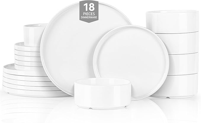 18 Pcs White Porcelain Dinnerware Set for 6, Ceramic Chip and Scratch Resistant Dish Set, Kitchen Plates and Bowls Set - Dishwasher & Microwave Safe, QOMO-1996