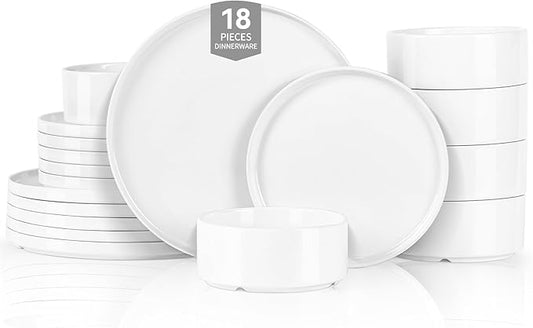 18 Pcs White Porcelain Dinnerware Set for 6, Ceramic Chip and Scratch Resistant Dish Set, Kitchen Plates and Bowls Set - Dishwasher & Microwave Safe, QOMO-1996