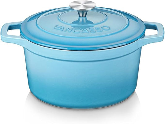 vancasso Enameled Cast Iron Dutch Oven, 2.5 QT Blue Naturally Non-Stick Casserole Dish Cookware, with Stainless Steel Knob Lid Cast Iron Casserole for Steam Braise Bake Broil Saute Simmer Roast