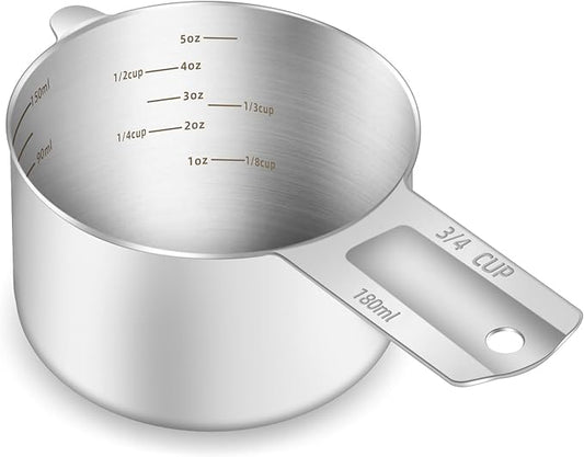 1PCS 3/4Cup (180ml, 6oz) Single Measuring Cup, Etched Inner Scale Stainless Steel Measure Scoop, Metric and US Measurement, Dishwasher Safe