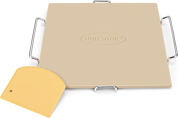 Unicook 12 Inch Square Pizza Stone for Oven and Grill, Oven Baking Stone for Bread, Cordierite Pizza Pan for Baking Crispy Bread, Pie and Cookies, Includes Carry Rack and Dough Scraper