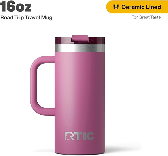 RTIC 16oz Road Trip Travel Mug with Lid and Handle, Ceramic Lined, Insulated, Stainless Steel, Metal, Double Wall Vacuum-Insulation, Portable Coffee, Tea Cup for Hot and Cold Drink, Orchid