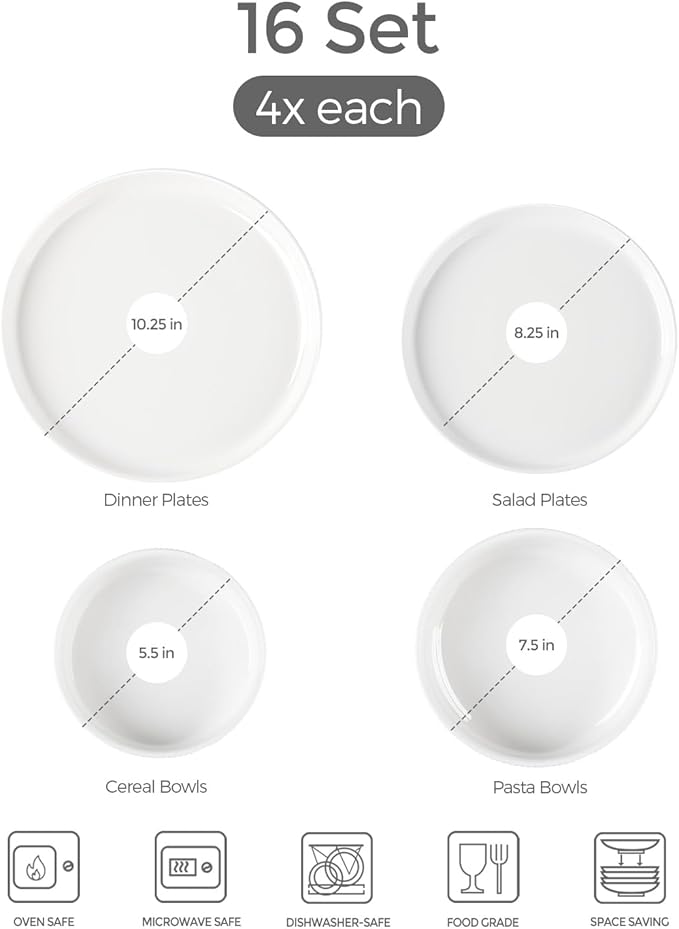 TheTerra Ceramic Dinnerware Sets with Pasta Bowls for 4, 16 Pieces Porcelain Lightweight Plates and Bowls Sets, Scratch Resistant Dish Set, Oven & Microwave & Dishwasher Safe, Bright White