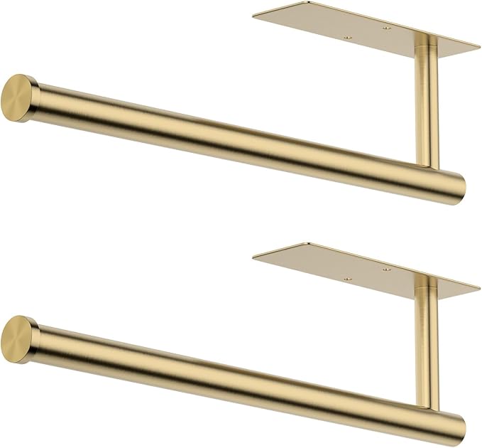 Paper Towel Holder Under Cabinet, Self-Adhesive,No Drilling, Stainless Steel, Wall-Mounted for Kitchen and Bathroom, Easy Install, Durable, Space-Saving, Ideal for Home, RV (Gold, 2 Pack)