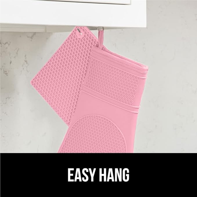 GORILLA GRIP BPA-Free Soft Silicone Oven Mitts and Pot Holders Sets of 4, Heat Resistant Waterproof Cooking Gloves, Thick Cotton Lining, Flexible Gripping for Baking Grilling, Kitchen Trivets, Pink