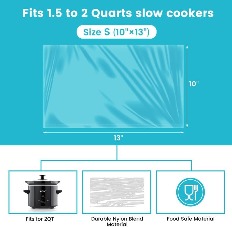 KOOC Slow Cooker Liners 10"x13" 30 count Small Size Disposable Plastic Bags Pot Liners Brunch Cooking Bags Fit 1.5 qt to 2 qt Pot BPA Free