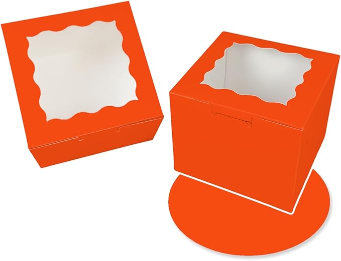Bakepacker 36pcs 6x6x5 Inches Cake Boxes with Window 18-Packs Orange Cake Boxes 6 Inch Bakery Boxes (18 Cake Boxes +18 Cake Boards Included)