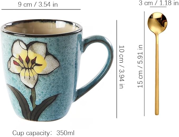 (Coffee mugs set of 4 + 4 Spoons) Hand-painted vintage style,Ceramics 12oz Cappuccino Mug,Tea mugs,Coffee cups,Microwave and Dishwasher Safe, Perfect For Espresso, Latte - Porcelain Mugs for cafe