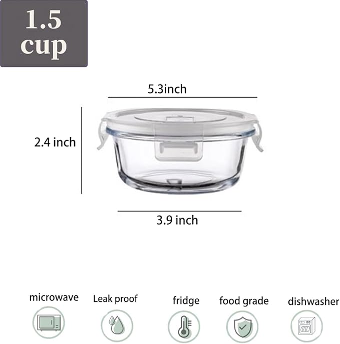 Small Round Glass Food Storage Containers With Lids, 1.5 Cup Round Meal Prep Bowls With Lids BPA-Free, Airtight Small Glass Food Containers for Microwave, Dishwasher, Freezer Safe-（4 pack）