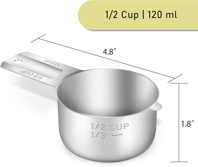 1PCS 1/2Cup (120ml, 4oz) Single Measuring Cup, Stainless Steel Measure Scoop, Metric and US Measurement, Dishwasher Safe
