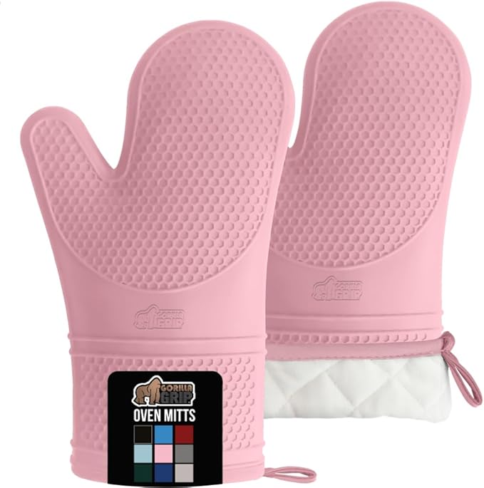 GORILLA GRIP BPA-Free Soft Silicone Oven Mitts, Heat Resistant and Waterproof Cooking Gloves, Thick Cotton Lining, Flexible Gripping for Baking Grilling, Kitchen Potholders Set of 2, 12.5x8.3, Pink