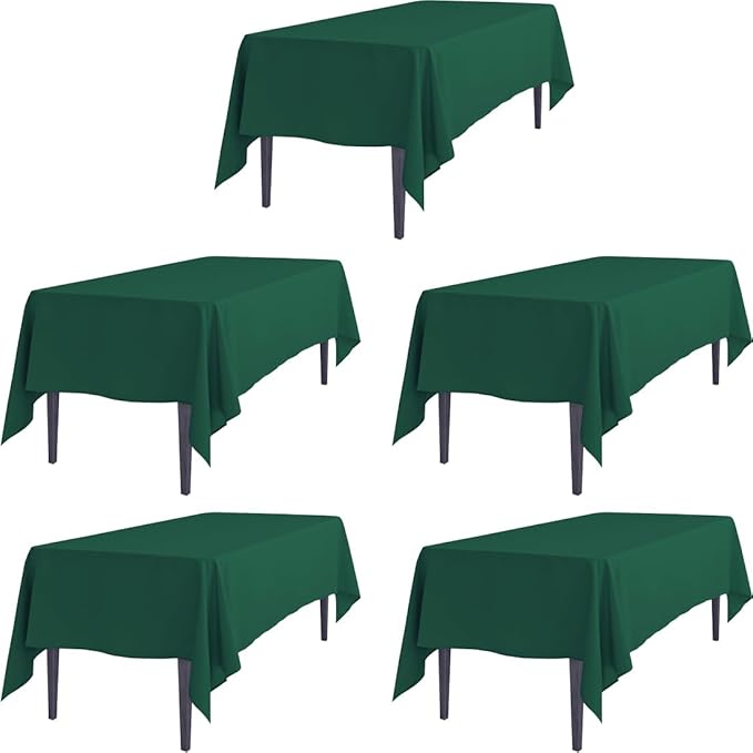 LTC LINENS 5 Pack Hunter Green Rectangular Tablecloths 60 x 126 Inch for 8ft Rectangle Banquet Tables with Half-Drop- Stain and Wrinkle Resistant Polyester Fabric Cloth Table Covers for Wedding, Party