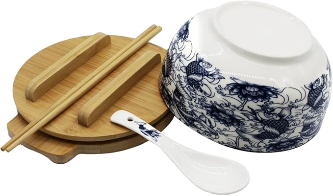 XWORLD Japanese Ceramic Ramen Noodle Bowls Set with Ceramic Spoon, Bamboo Chopsticks, Lid & Trivet, Serving Capacity of 33.8 OZ, Microwavable Oven Safety (3.3” x 6.6” D) (Blue Fish)