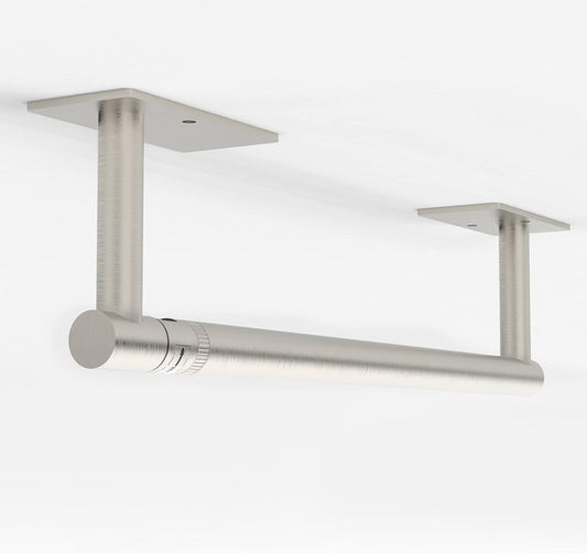 Ruacq Paper Towel Holder Under Cabinet Stainless Steel Double Post Pivoting Square Base Paper Towel Holder for Kitchen Self-Adhesive or Drill mounting (Silver, Large Roll)