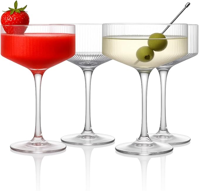 LEMONSODA Clear & Ribbed Martini Coupe Glasses - Classic Barware for Espresso Martini, Manhattan, Cosmopolitan – Handcrafted Luxury Glassware for Home Entertaining (Ribbed 9.5oz, Set of 4)
