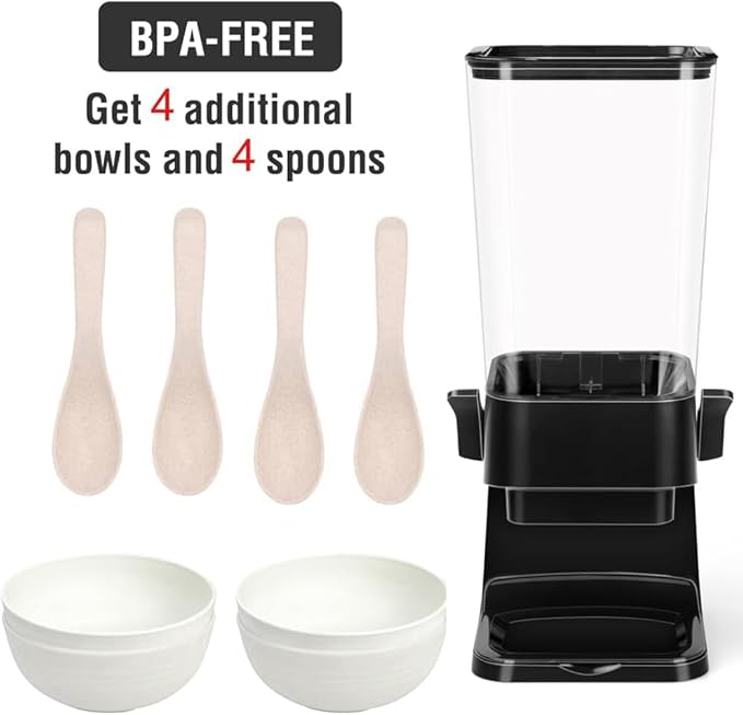 Cereal Dispenser Countertop with 4 Pack Bowls and Spoons 5.5 Qt Large Cereal Storage Container Holder for Pantry Dry Food Nut Dispenser Snack Candy Organizer Kitchen Organization for Oatmeal Granola