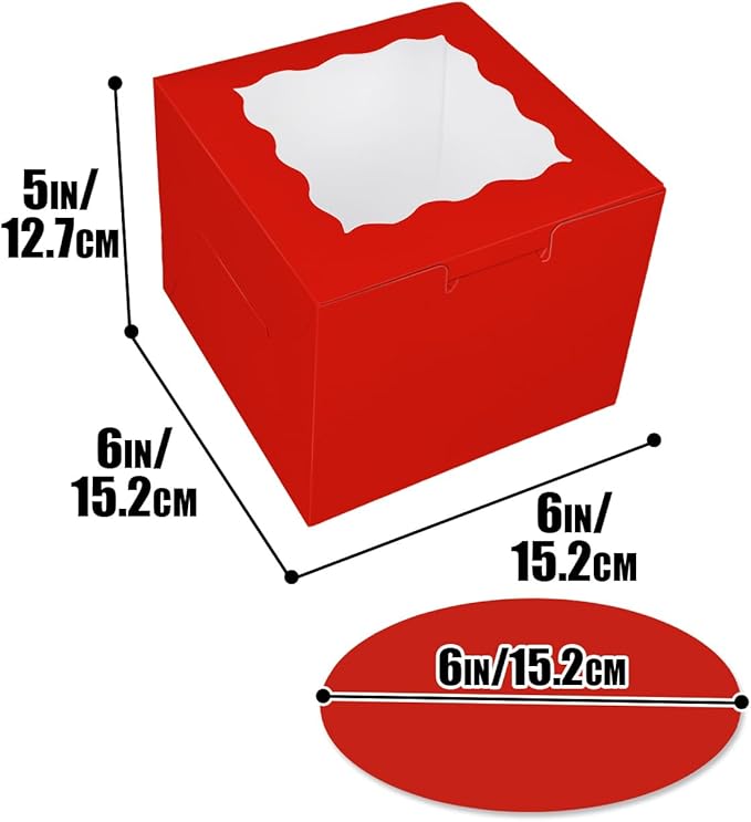 Bakepacker 36pcs 6x6x5 Inches Cake Boxes with Window 18-Packs Red Cake Boxes 6 Inch Bakery Boxes (18 Cake Boxes +18 Cake Boards Included)