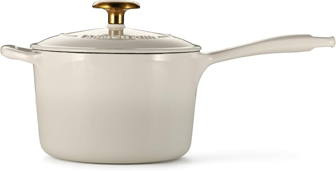 Tramontina Bestow Enameled Cast Iron Sauce Pan with Lid, 2.5-quart, Latte with Gold Knob
