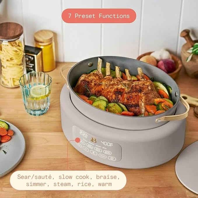 Beautiful 10-in-1, 6-Qt Electric Multi-Cooker | Programmable Touch Display | 7 Presets up to 400 °F | Sear Slow-Cook Steam Rice Warm | Oven-Safe Pot & Lid (Porcini Taupe)