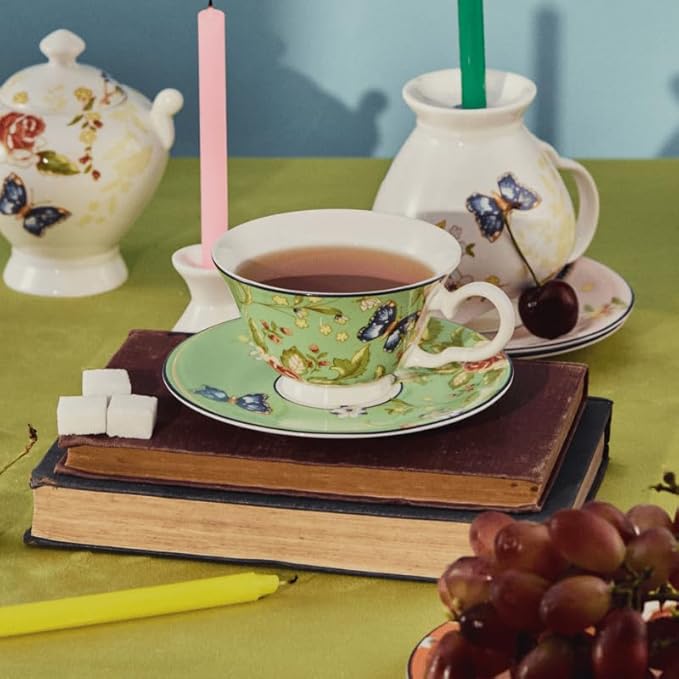Aynsley Cottage Garden Windsor Fine Bone China English Tea Cup & Saucer Set, 7.4 oz(Green)