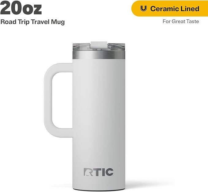 RTIC 20oz Road Trip Travel Mug with Lid and Handle, Ceramic Lined, Insulated, Stainless Steel, Metal, Double Wall Vacuum-Insulation, Portable Coffee, Tea Cup for Hot and Cold Drink, Cool Grey