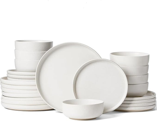 Famiware Milkyway Plates and Bowls Sets, 24 Pieces Dinnerware Sets, Reactive Glaze Dish Set, Stoneware Dishes Set for 8, Matte White