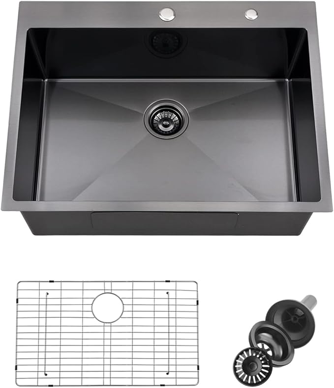 28 Inch Drop In Black Stainless Steel Kitchen Sink, Doirteal 28 x 22 x 10 Inch Matte Black Kitchen Sink 16 Gauge Stainless Steel Topmount Single Bowl Sink Single Basin with Bottom Grid