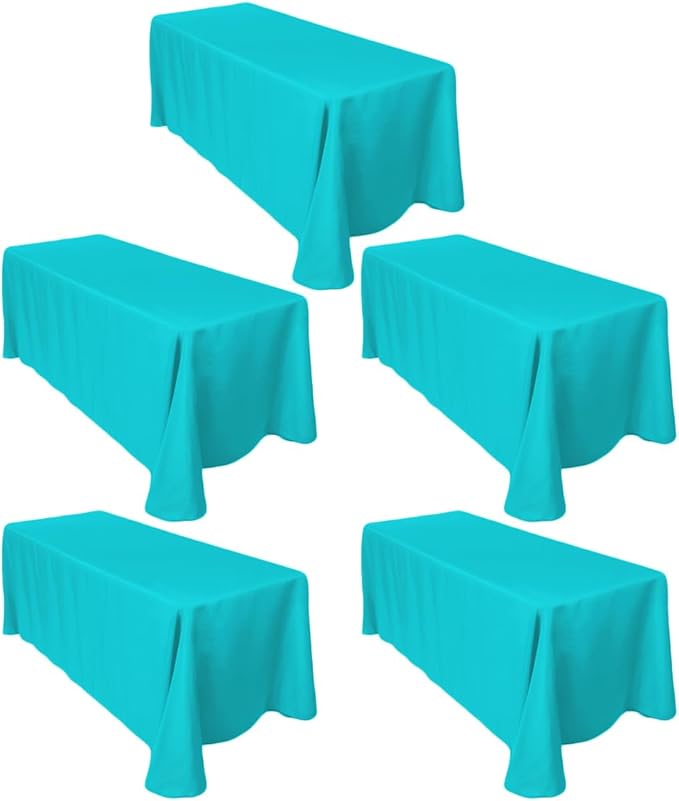 LTC LINENS 5-Pack Rectangular Tablecloths 90 in x 132 in with Rounded Corners - Turquoise Table Cloths for 6 ft Rectangle Tables Floor Length - Polyester Fabric Cloth Table Covers for Wedding, Party