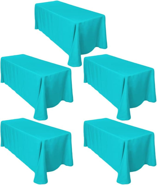 LTC LINENS 5-Pack Rectangular Tablecloths 90 in x 132 in with Rounded Corners - Turquoise Table Cloths for 6 ft Rectangle Tables Floor Length - Polyester Fabric Cloth Table Covers for Wedding, Party