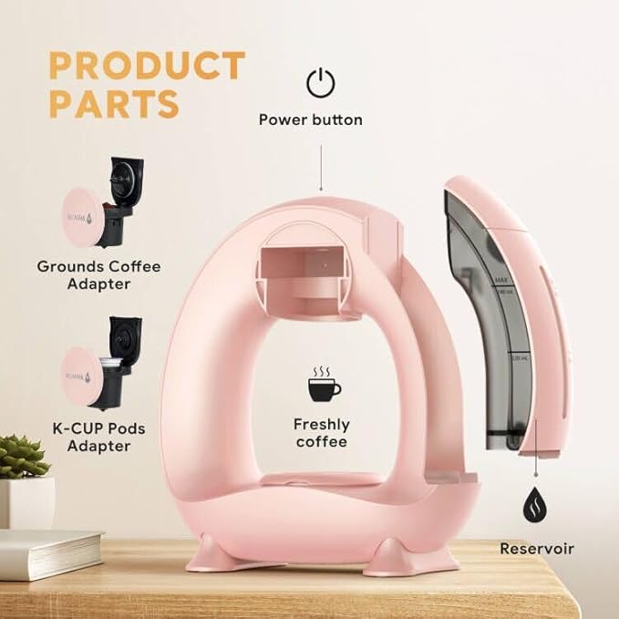 Single Serve Coffee Maker For K Cup Pod and Coffee Grounds /Tea, Fast Brew in 2 minutes, 2 IN 1 One Button Coffee Machine 4-8 Oz Brew Sizes, Stylish＆Compact For Home, Office, RV and Dorm, Pink