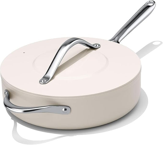 Nonstick Ceramic Sauté Pan with Lid (4.5 qt, 11") Deep Frying Pan for All Cooktops Non Toxic Skillet PTFE/PFOA/PFAS Free, Even Heat Distribution, Oven Safe w/Stay-Cool Handle, Cream