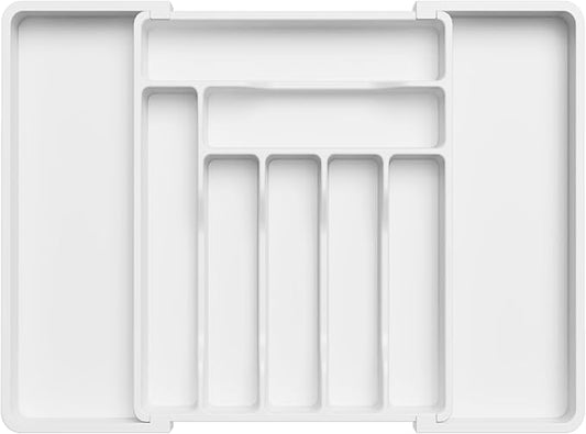 Lifewit Silverware Drawer Organizer, Expandable Utensil Organizer for Kitchen Drawers, Adjustable Cutlery and Flatware Tray, Plastic Spoons Forks Knives Holder Storage Dividers, Large, White