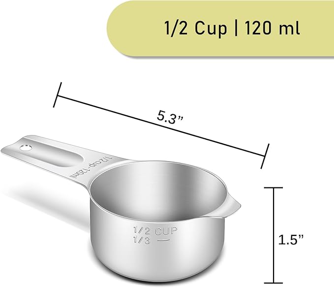 2PCS 1/2Cup (120ml, 4oz) Single Measuring Cup, Stainless Steel Measure Scoop, Metric and US Measurement, Heavy Duty, Dishwasher Safe