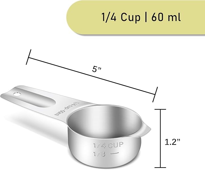 2PCS 1/4Cup (60ml, 2oz) Single Measuring Cup, Stainless Steel Measure Scoop, Metric and US Measurement, Heavy Duty, Dishwasher Safe