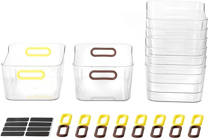 Clear Plastic Storage Bins 8 Pack with 16 Soft Silicone Handles, Organizer Bins for Home & Kitchen, Storage Containers for Pantry, Fridge, Laundry, Bathroom, Classroom