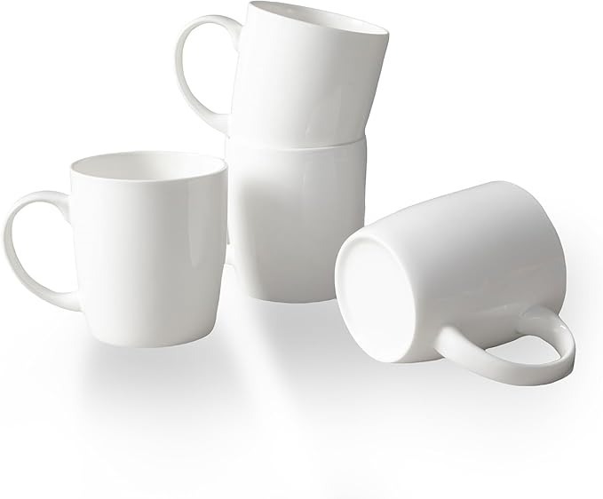 Luxury Bone China Mug Set (12 oz, Set of 4) – White Fine Porcelain Mugs for Tea, Coffee, Latte Art, Barista Use, Elegant Gifting