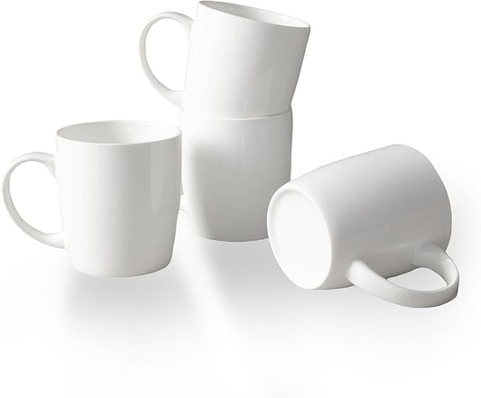 Luxury Bone China Mug Set (12 oz, Set of 4) – White Fine Porcelain Mugs for Tea, Coffee, Latte Art, Barista Use, Elegant Gifting
