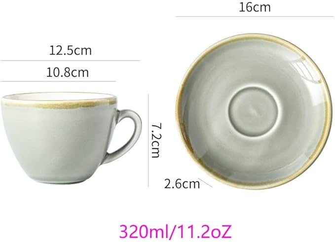 SHUER Ceramic Latte Coffee Cup Set of 4, 11.2 Oz Tea Cup and Saucers Sets,Glaze Americano Cups and Macchiato Coffee Cups,Low Tea Time Mug Set Great for Party (Light Cyan 320ML)