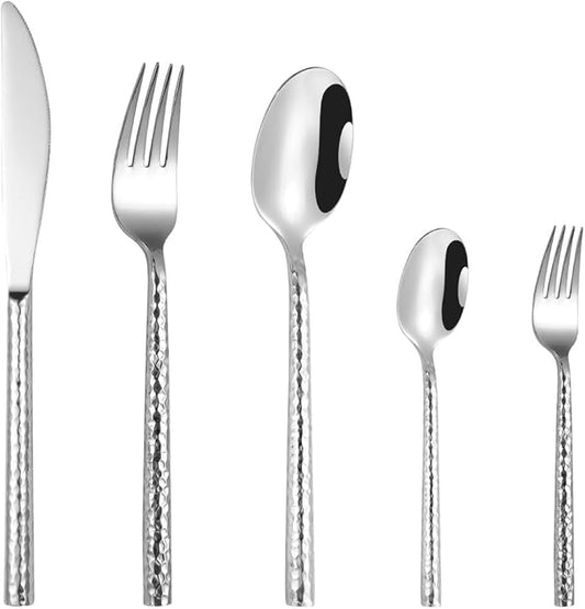 60-Piece Hammered Silverware Flatware Cutlery Set Service for 12,304 Thickened Stainless Steel Cutlery Knife,Fork and Spoon Set,Dishwasher Safe,Gift Package for Wedding Housewarming