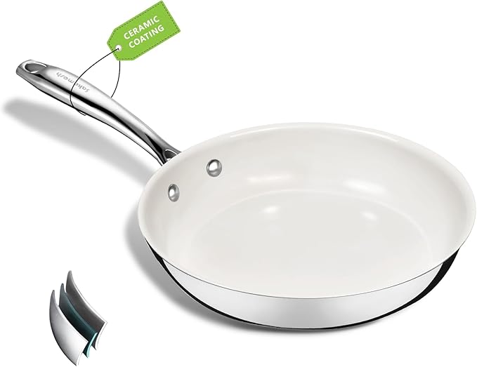 8 Inch Nonstick Ceramic Frying Pan, Tri-Ply Stainless Steel Skillet with Stay-Cool Handle, PFAS/PFOA/PTFE Free, No Seasoning Required, High Heat & Induction Safe, Dishwasher/Oven Safe